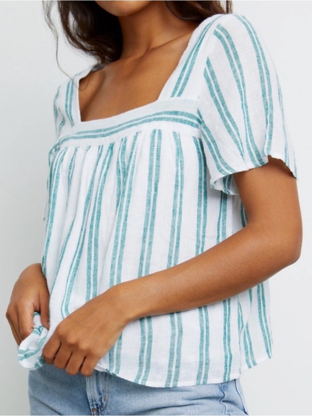 Rails Savon Top Green White Stripe Linen Square Neck SS Women’s Small Coastal